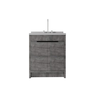 Meuble-lavabo autoportant de 30 pouces avec lavabo, porte à fermeture en douceur, comptoir et dosseret en marbre de granite blanc de 2 po, contreplaqué, gris