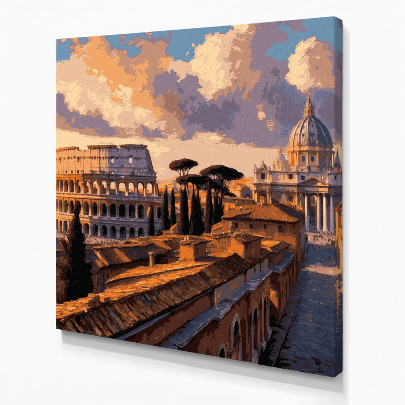 Art mural sur toile brun avec villes de Rome en Italie, H 16 po x l 16 po