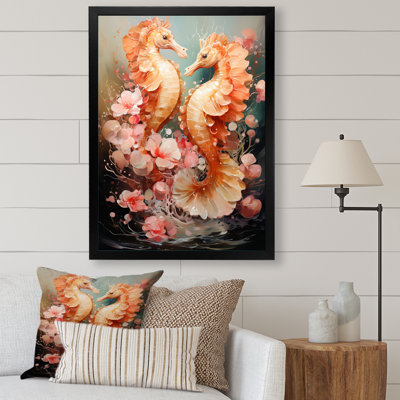 Hunain Animal Coral Seahorse Drips - Print on Canvas