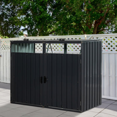 Metal Outdoor Garbage Bin Shed for 2 Trash Cans Black Stainless Galvanized Steel