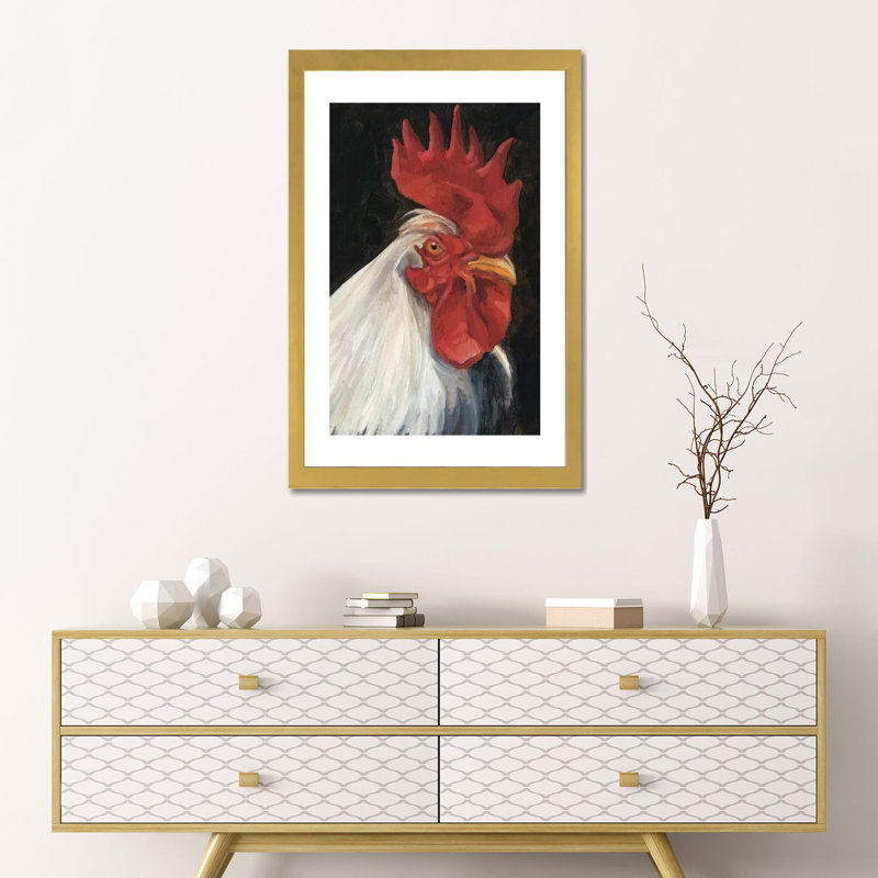"Rooster portrait I" par Ethan Harper, reproduction d’art, Blanc, H 24 po x l 16 po x P 1 po, Papier encadré doré
