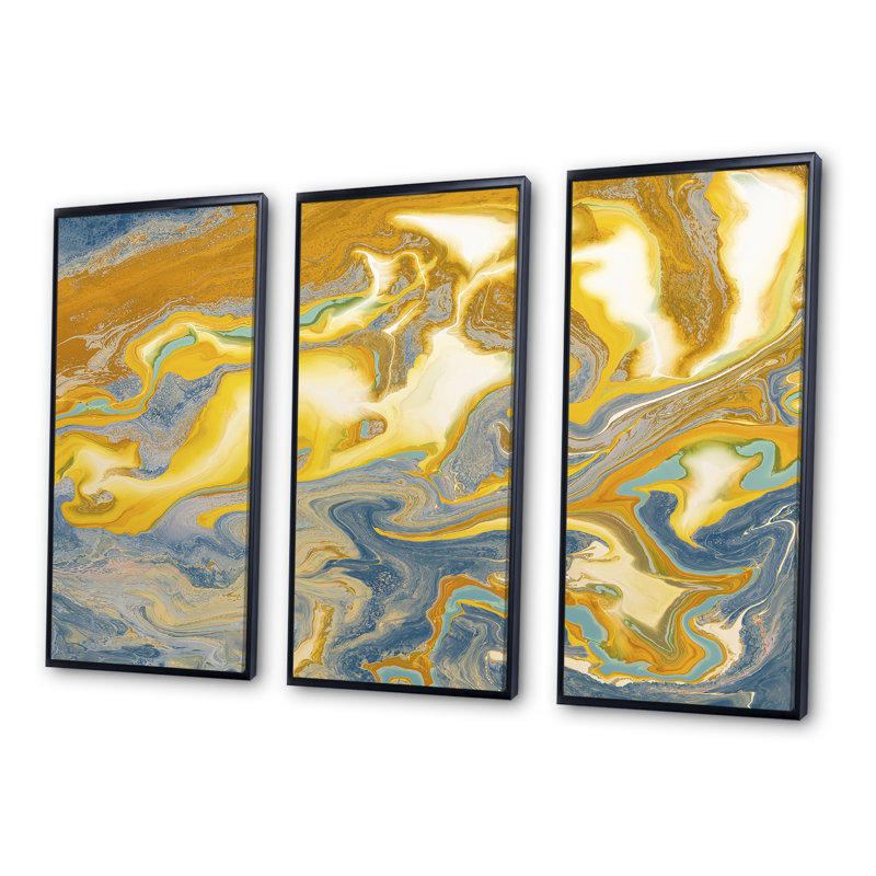 «Yellow and Blue Marble Waves I», ensemble de 3 impressions sur toile à cadre flottant, H 28 po x l 36 po x P 1 po