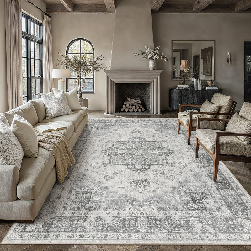 Tapis lavable rétro patiné avec envers antidérapant, Gris, Rectangulaire 8 pi x 10 pi