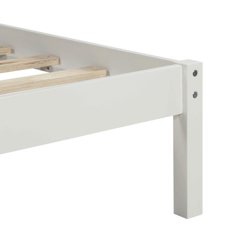 Base de lit plateforme avec tête de lit, support à lattes de bois, aucun sommier requis, Lit simple, Blanc