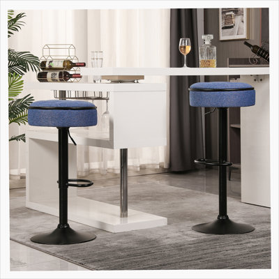 Round Storage Bar Stool Set Of 2, Linen Height Adjustable Barstool, 360°Counter Height Swivel Stool, Armless Bar Chair With Metal Frame For Kitchen Co -  Latitude Run®, 43C48FF97074434B932ABFD77F7263DB