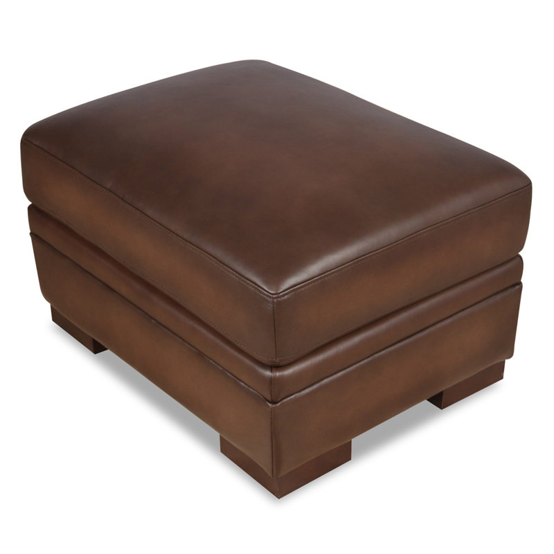 Caramel Brown Leather Ottoman with Solid Wood Legs