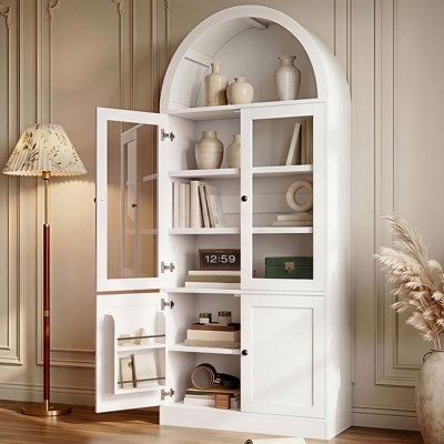 Armoire de rangement haute à arc surbaissé, vitrine autoportante avec portes en verre trempé, étagères à 5 niveaux, charnières à fermeture douce et organisateur de porte de salon