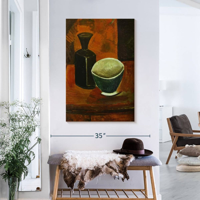 Pan vert et bouteille noire, H 36 po x l 24 po