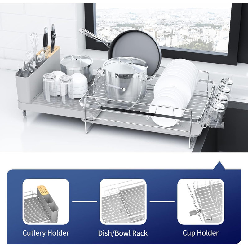 Silver Stainless Steel Expandable Dish Drying Rack with Utensil Cup