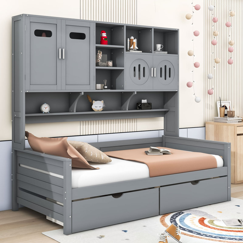 Lit de jour en bois avec armoire et tablette Wellsville, Gris, Lit simple