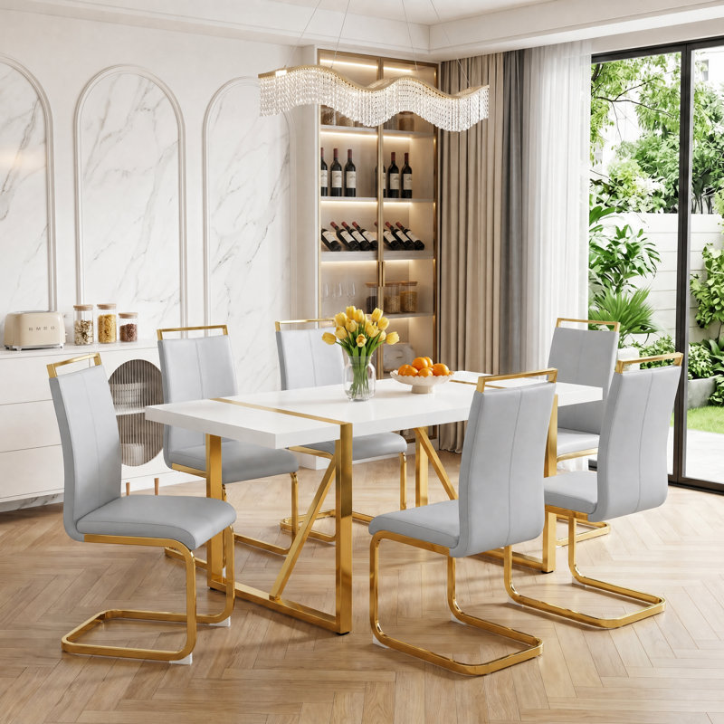 7-piece Modern Faux Marble Dining Set with Geometric Metal Base and Cantilever Chairs, Light Gray/Gold, 7