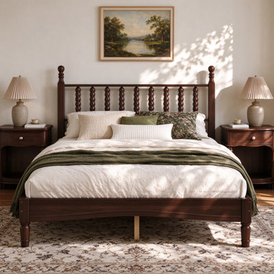 Full Size Farmhouse Bed Frame with Artistic Headboard, Retro Style Platform Bed with Wooden Slat Support, No Box Spring Needed, Easy Assembly, Walnut