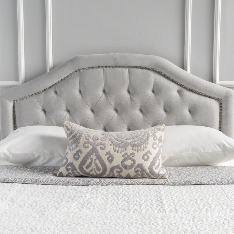 Full Sized Grey Fabric Headboard Featuring Studded Seam, Button Pattern, Nailhead Decoration And Iron Legs For Bedroom Decor Queen In Fabric, Diamond Stitch, Accents