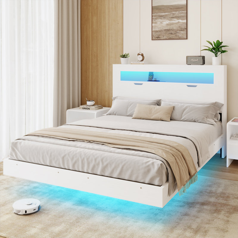 Queen Size Floating Bed Frame With LED Lights, Charging Station, No Box Spring Needed, White