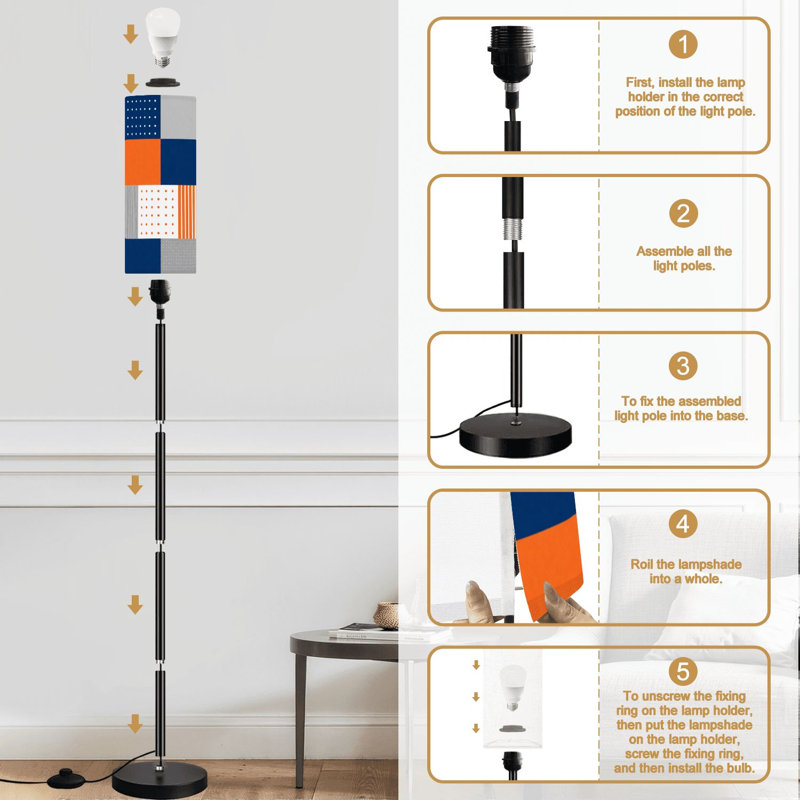 Lampe sur pied à motifs géométriques abstraits orange bleus gris sur lignes à intensité variable avec télécommande et pédale abat-jour abat-jour grand lampadaire pour le bureau de la chambre à coucher