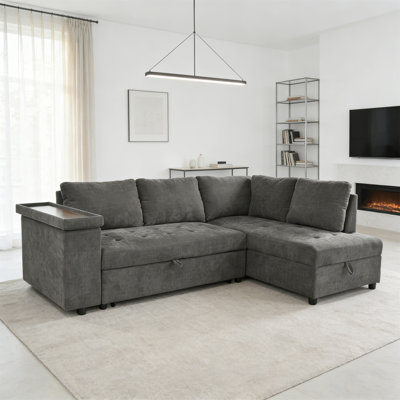 Mirod 91.5-Inch L Shaped Couch With Pull Out Bed And Storage Sectional Sleeper Sofa With Hidden Storage