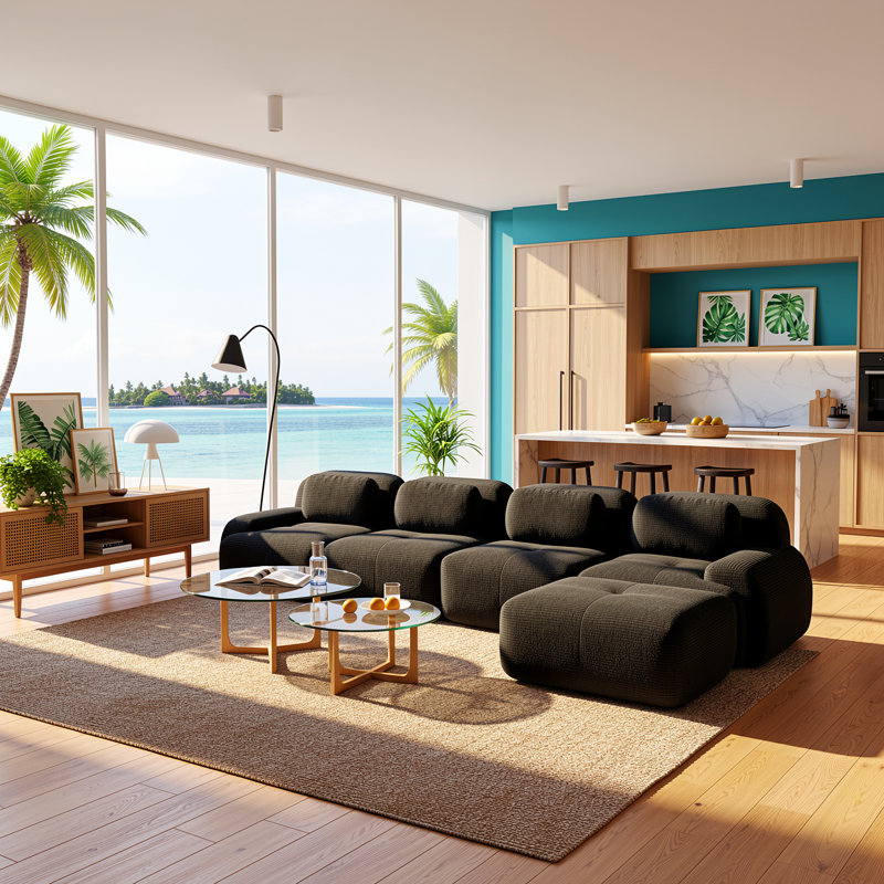 Canapé modulaire en velours côtelé de 152 po avec méridienne sans assemblage pour salon, salle multimédia, Nuit noire