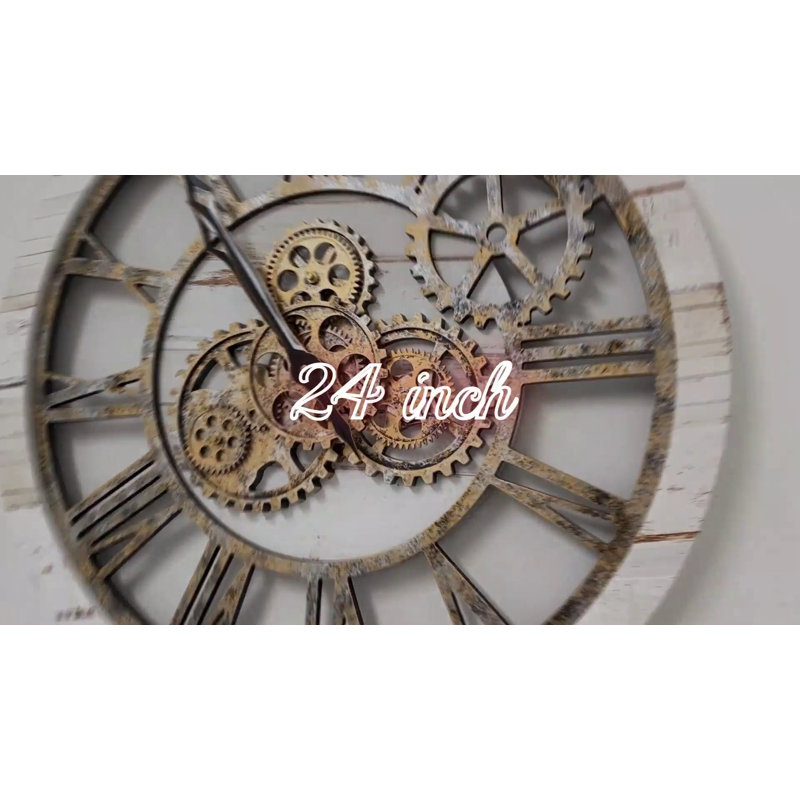 24" Rustic Industrial Oversized Wall Clock with Moving Gears