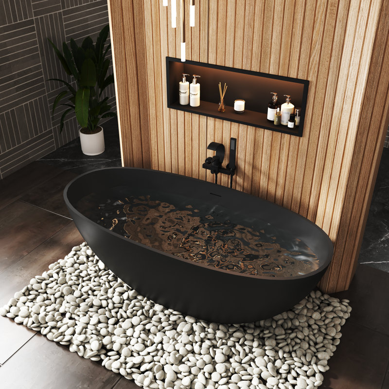 Monaco 65'' x 30'' Solid Surface Stone Freestanding Soaking Bathtub, Matte Black