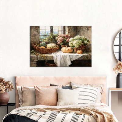 Art mural d'automne, art mural en toile citrouille aux couleurs chaudes de l'automne, décoration murale d'automne de style rustique pour salon, salle à manger, cuisine et entrée de style campagne moderne, 20 po x 30 po