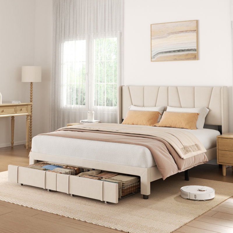 Tata Velvet Upholstery Platform Bed Frame with Wingback Headboard and Storage Drawers, King, Beige