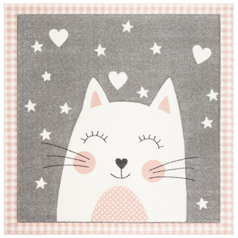  Glantz Kids Cat Print Pink / Gray Area Rug, Square 3'