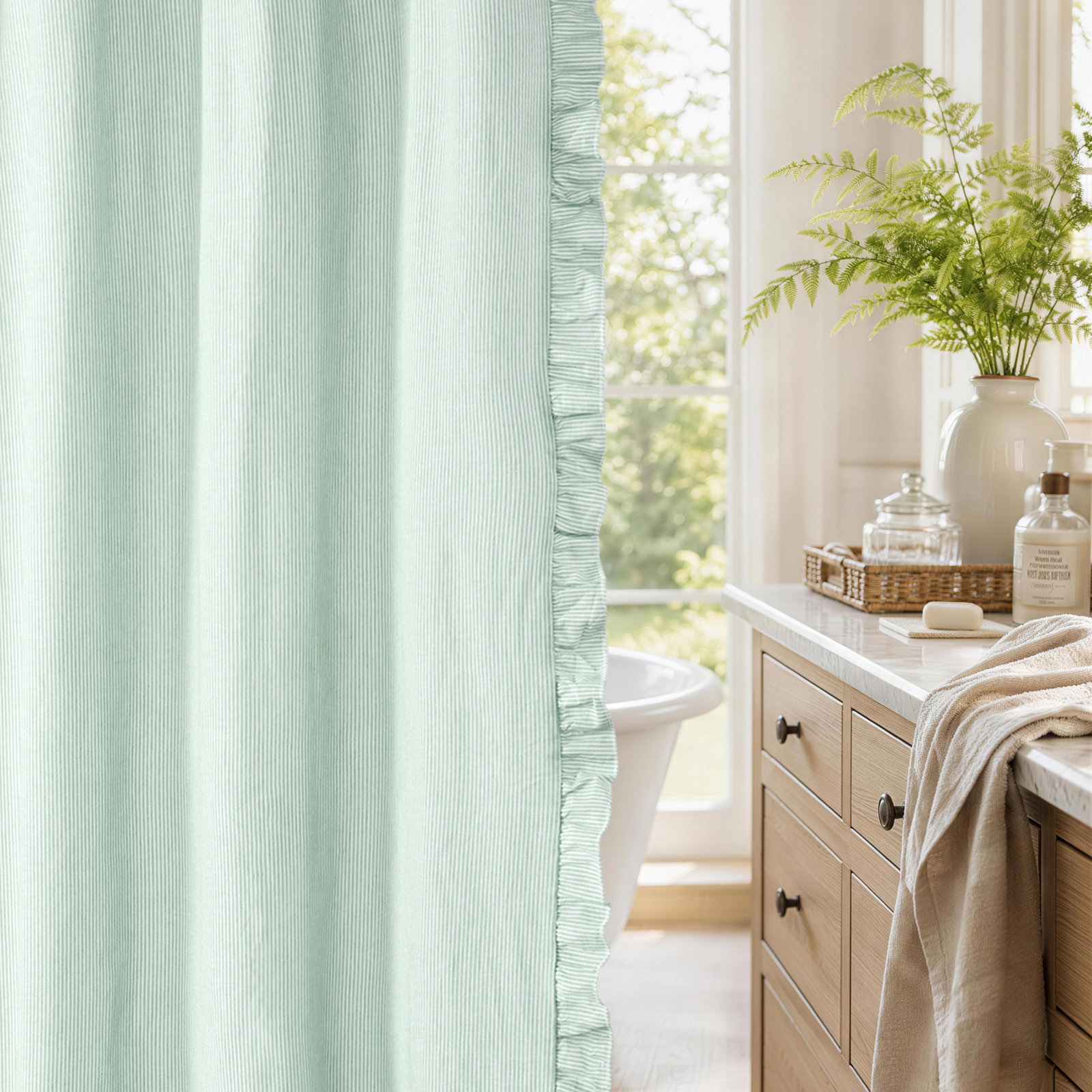 100% Cotton Striped Button Hole Shower Curtain With Ruffle, Green