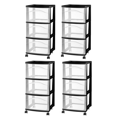 Chariot de rangement 3 tiroirs Sterilite, organisateur moyen en plastique, noir, paquet de 6