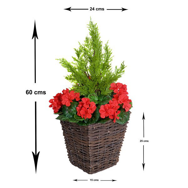 2x Artificial Rattan Patio Planters with Geraniums and Cedar Topiary, Red