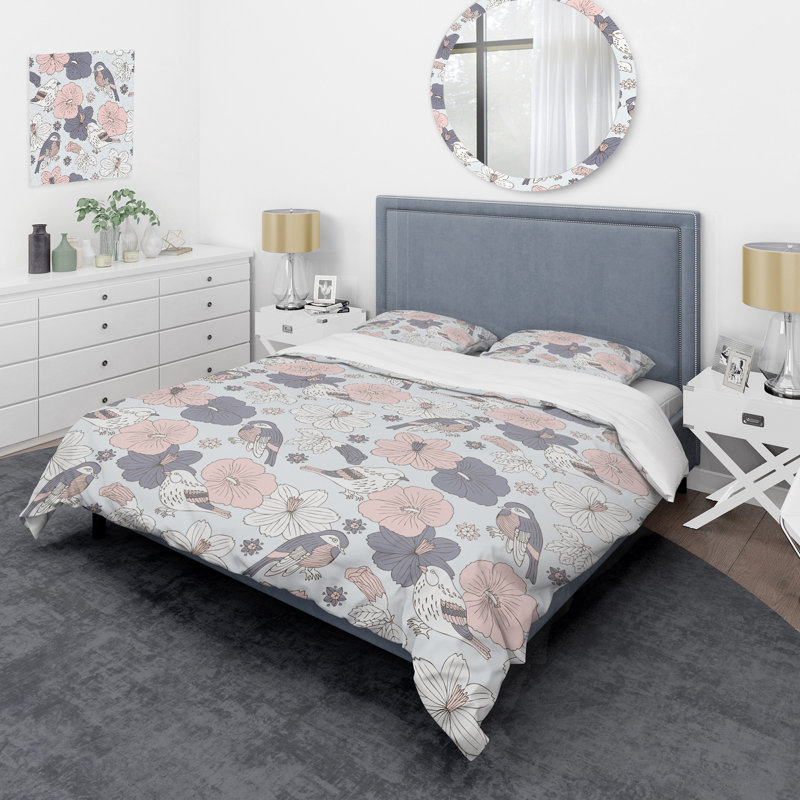 Oiseaux et fleurs gris - Ensemble de housse de couette floral - Polyester en microfibre