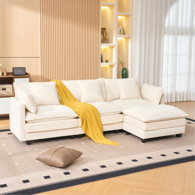 Canapé combo 3 places de couleur beige avec repose-pieds de rangement pour le salon, la chambre à coucher et la chambre compacte, canapé modulaire rembourré, banc en L avec repose-pieds