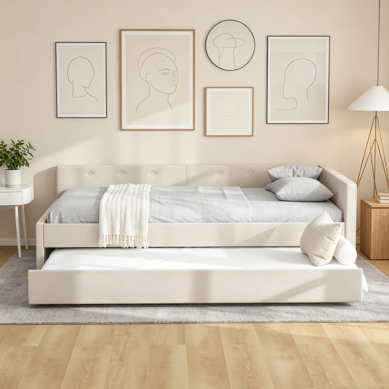 Lit plateforme tapissier pleine grandeur beige avec ports de chargement USB et lit gigogne simple