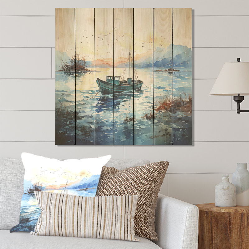 Bateau de pêche bleu et orange - Bateau de pêche sur bois, H 30 po x l 30 po