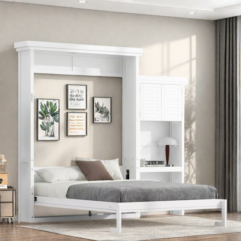 Lit escamotable avec tablettes de rangement et décoration à persiennes, Blanc