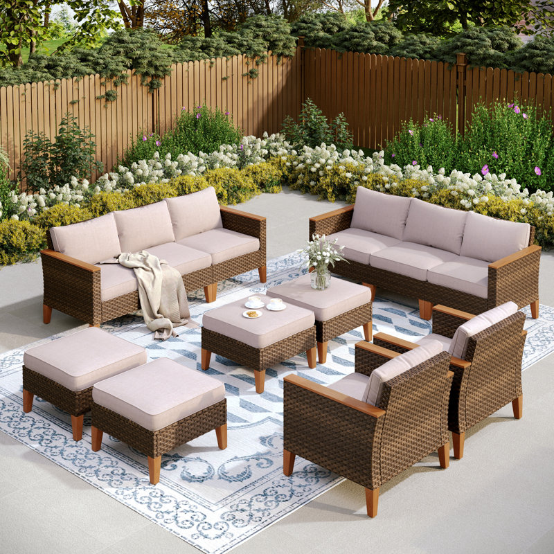 All Weather Wicker/Rattan 12 - Person Seating Group with Cushions, Beige