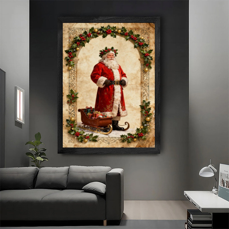 Art mural rétro noir de Noël avec père Noël - décorations festives classiques encadrées, H 17 po x l 13 po