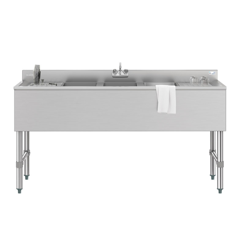 Évier de bar commercial à trois compartiments de 60 po avec dosseret de 3 po, deux panneaux de drainage avec robinet, certifié NSF en acier inoxydable (SBR3B60-LR-320)