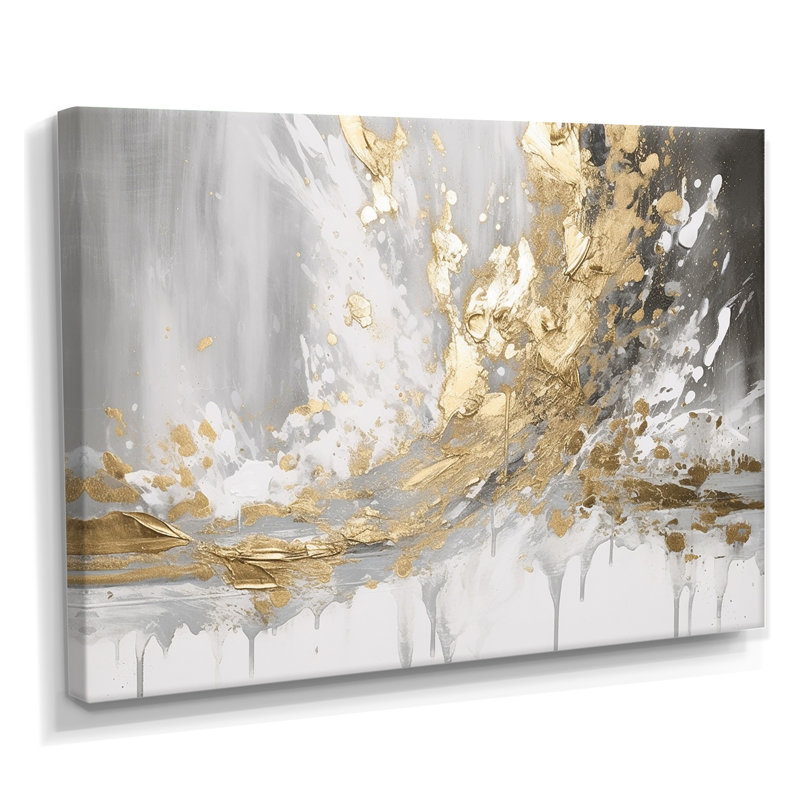 «Gold and White Collusion Abstract», art mural abstrait, impression sur toile moderne, H 12 po x l 20 po, Toile tendue