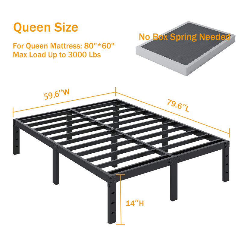 Bed Frame No Box Spring Need 14 Inch Heavy Duty Tall Platform Bed Frame, Queen