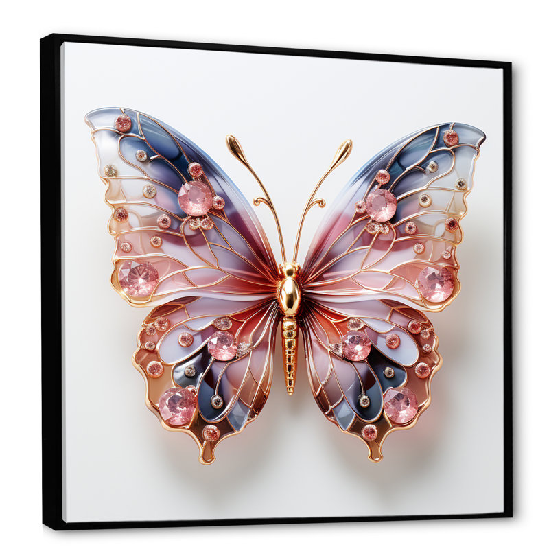 «Blue and Pink Crystal Butterfly II», art mural papillon, Cadre flottant noir, H 16 po x l 16 po x P 1 po
