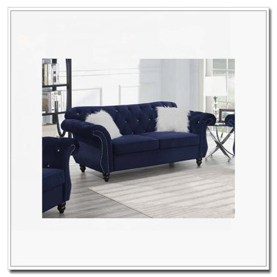 Causeuse formelle de luxe en velours indigo 1pc avec coussins de salon 2 places