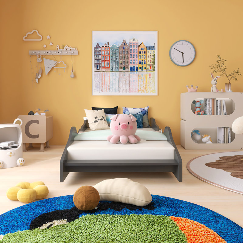 87'' Twin Size Race Car-Shaped Platform Bed With Wheels, Black