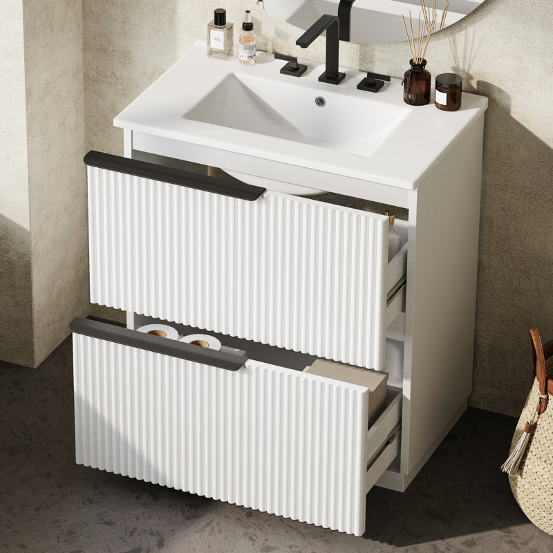 Meuble-lavabo de 30 po avec aspect blanc, tiroirs à extension et tiroir à fermeture en douceur avec compartiments de rangement intelligents, 17,5 po de long, fonction déversement