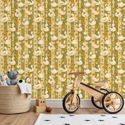 Papier peint adhésif peler et coller en PVC, revêtement mural auto-adhésif amovible avec de mignons canards blancs à rayures vertes, petites fleurs blanches, impression de style dessin animé, imperméable pour la décoration intérieure - Rouleau