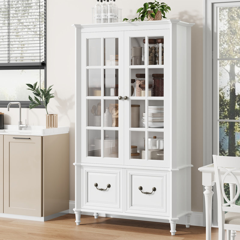 63" Tall Display Cabinet, Modern Farmhouse Curio Cabinet with Glass Doors, 4-Tier Bookcase with 2 Drawers & Adjustable Shelves, Solid Wood Legs