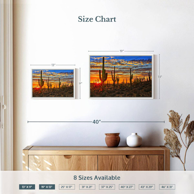 Cactus coucher de soleil, Cadre flottant blanc, 19 po x 13 po
