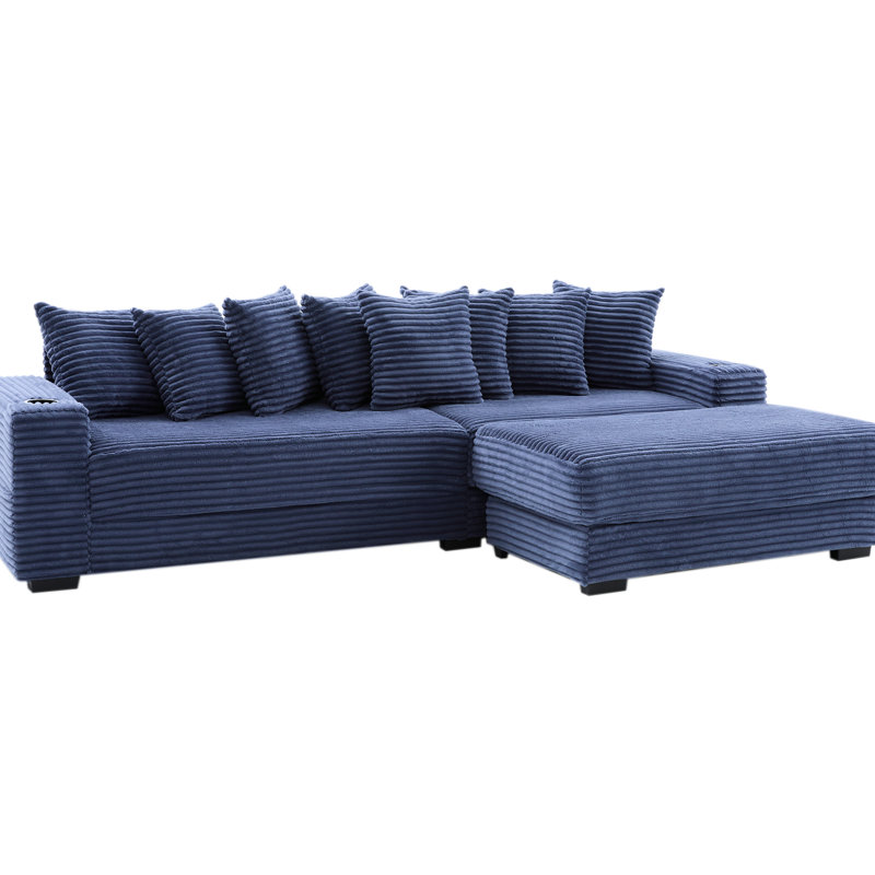 Vidéo disponible Canapé modulaire en velours côtelé de 108,68 po avec repose-pieds mobile amélioré, pochettes porte-revues et siège confortable bleu modulaire large, tabouret de pieds pouvant se transformer en lit