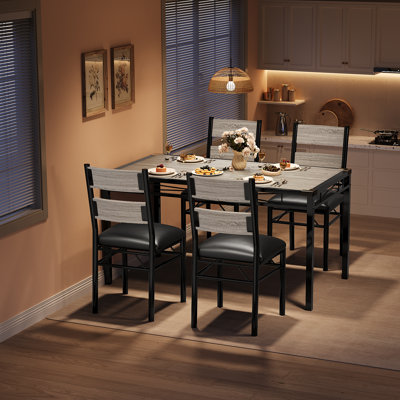 Modern 5-Piece Dining Table Set for 4 – Space-Saving Kitchen & Dining Room Furniture – Sturdy Wood and Metal Table with Upholstered Chairs – Ideal for Apartment or Breakfast Nook – Grey, 1+4