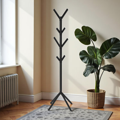 Angel Freestanding Entryway Coat Tree With 8 Hooks in Black Metal, 70.08'' H X 17.33'' W X 17.33'' D