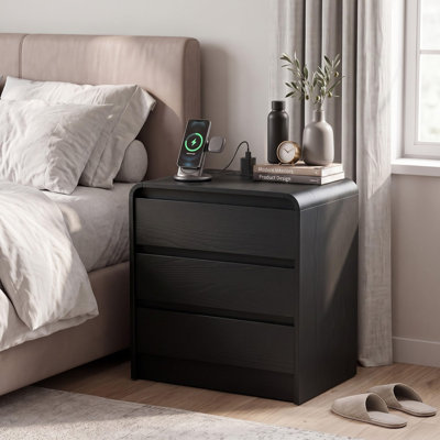 Curved Nightstand, Bedside Table with Drawers and Open Shelf | Three Drawers Black Grain Finish With Rounded Edges Charging Station, Ideal As End Table For Bedroom, Living Rooms